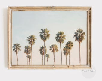 Pastel Palm Tree Print | Horizontal Palm Painting | Vintage Style Tropical Art | Summer Coastal | Bathroom Poster | Girls Room Decor | P174