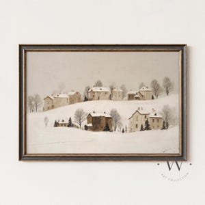 Peut inclure: Peinture de paysage d'hiver vintage encadrée. L'œuvre représente une colline enneigée parsemée de bâtiments pittoresques et d'arbres dénudés. La peinture a une palette de couleurs sourdes, avec un cadre marron foncé.