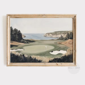 Impressão de golfe | Pintura de campo de golfe costeiro | Paisagem marinha suave | Arte para quarto de meninos verde-sálvia | Presente para amantes de golfe | Pôster esportivo | P578