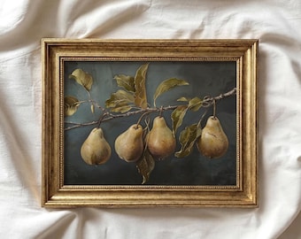 Tableau Poire Moody | décoration de cuisine vintage | Art mural nature morte de fruits | Peinture à l'huile antique bleu marine | Téléchargement numérique imprimable | P102