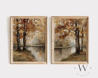 Fall Forest Set of 2 Prints | Vintage Style River Painting | Autumn Countryside Painting | Rustic Farmhouse Decor | Thanksgiving Art | PS178