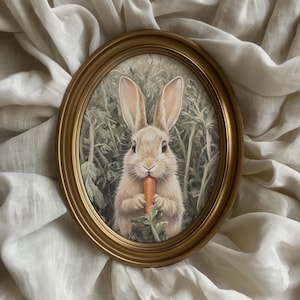 Spring Bunny Print | Vintage Style Easter Painting | Rabbit Eating Carrot | Muted Cottagecore Printable Art | Woodland Nursery Decor | P453