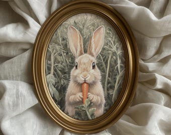 Spring Bunny Print | Vintage Style Easter Painting | Rabbit Eating Carrot | Muted Cottagecore Printable Art | Woodland Nursery Decor | P453