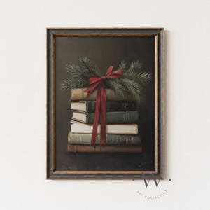 Moody Christmas Books Print | Vintage Style Stack Of Books Wall Art | Dark Academia | Holiday Printable Art | Festive Winter Books | P386