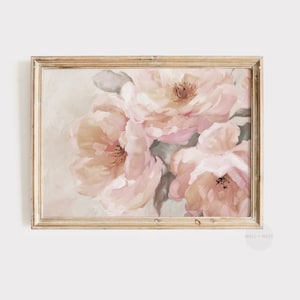 May include: A framed painting depicting a bouquet of pink and white flowers, rendered in a soft, painterly style. The flowers are arranged loosely and naturally, against a soft, muted background.