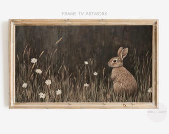 ムーディーなウサギのフレーム付きテレビアート | ヴィンテージスタイルの野花の絵画 | ニュートラルな春の花柄テレビアート | ダークイースターバニーのスクリーンセーバー | TV420
