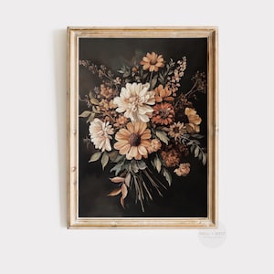 Vintage Herbst Blumen Print | Dark Academia Blumenstrauß Gemälde | Stimmungsvolle botanische Wandkunst | Herbstliche botanische Danksagungs-Dekor | P293