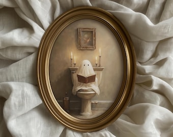 Ghost on Toilet Print | Vintage Style Halloween Bathroom Decor | Funny Ghost Painting | Spooky Printable Wall Art | Moody Fall Art | P768