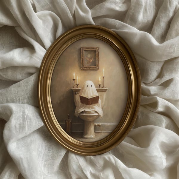 Ghost on Toilet Print | Vintage Style Halloween Bathroom Decor | Funny Ghost Painting | Spooky Printable Wall Art | Moody Fall Art | P768