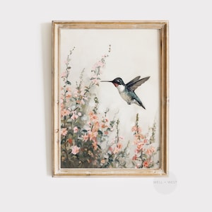 Hummingbird Printable Wall Art | Vintage Floral Oil Painting | Summer Home Decor | Cottagecore Spring Art | Antique Neutral Art | P141