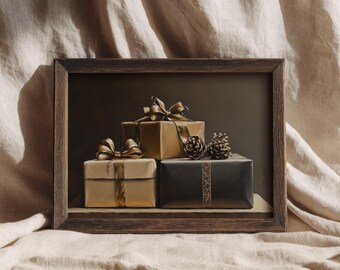 Moody Christmas Gifts Print | Dark Presents Oil Painting | Christmas Holiday Printable Wall Art | Vintage Style Neutral Festive Decor | P380