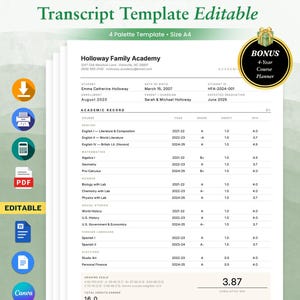 May include: An A4 editable homeschool transcript template featuring the Holloway Family Academy header, student details, academic record with course list, grades, credits, GPA, and a cumulative GPA of 3.87. Includes a bonus 4-year course planner.