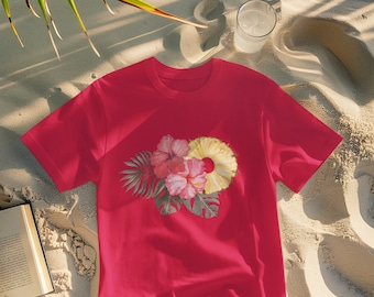 Floral Pineapple Hibiscus Crewneck T-Shirt, Summer Vibe
