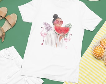 Summer Watermelon Flamingo T-shirt, Vacation Tee