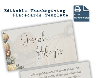May include: Printable Thanksgiving place card template with a fall theme. The template features a watercolor illustration of pumpkins and gourds. The text on the template reads "Editable Thanksgiving Placecards Template" and "Joseph Blogss".