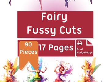 May include: A printable set of 90 fairy fussy cuts, featuring 17 pages of colorful fairies with wings and flowing dresses. The set includes fairies with purple, blue, green, yellow, and pink dresses.