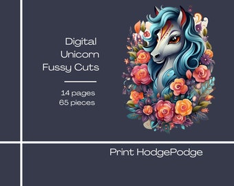 Digital Unicorn fussy cuts, ephemera, junk journal, clipart, stickers, fairy tale, printable