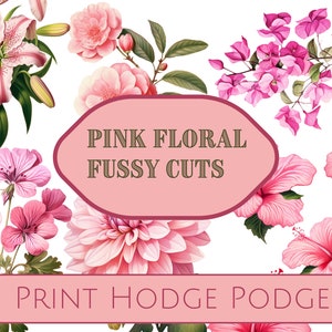 Printable digital pink floral fussy cuts, flowers, 22 pages, digital printable ephemera, junk journal, scrapbooking