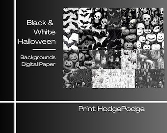 Papel digital de Halloween en blanco y negro, imprimible, descarga instantánea, espeluznante, diario, diario basura, scrapbooking