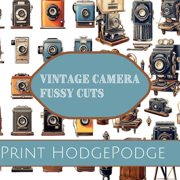 Printable digital vintage camera and photography fussy cuts, 8 pages, digital printable ephemera, clip art, junk journal, scrapbooking