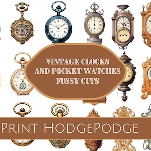 Printable digital vintage clocks and pocket watches fussy cuts, 8 pages, digital printable ephemera, clip art, junk journal, scrapbooking