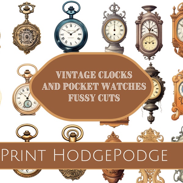 Printable digital vintage clocks and pocket watches fussy cuts, 8 pages, digital printable ephemera, clip art, junk journal, scrapbooking