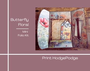 May include: A mini folio kit with a butterfly and floral theme. The kit is open and shows the different elements included, such as paper, tags, and embellishments. The kit is made by Print HodgePodge.