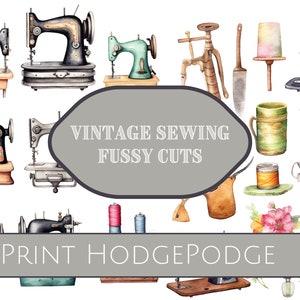 Printable digital vintage sewing fussy cuts, 8 pages, digital printable ephemera