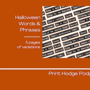 Printable digital Halloween words and phrases , four pages of variations, digital phrases, junk journal, scrapbooking