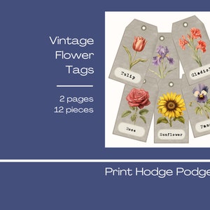 Vintage flower tags, 2 pages, floral, journal pages, printable ephemera, junk journal, scrapbooking