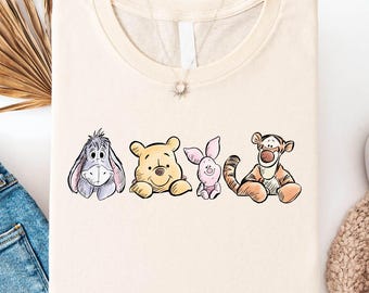 Winnie The Pooh Friends T-Shirt, Eeyore Pooh Piglet Tigger Cute Natural Tee, Disney Character Sketch Style Shirt, Soft Pastel Cartoon Shirt