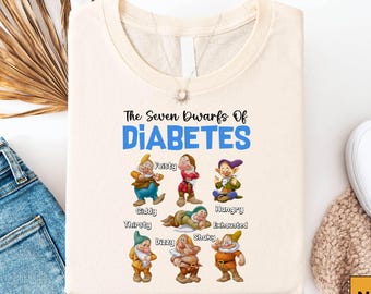 Camiseta de Los Siete Enanitos de la Diabetes, camiseta divertida para concienciar sobre la diabetes tipo 1, camiseta de apoyo para diabéticos, suéter con humor sobre la insulina en color melocotón jaspeado.