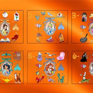 a series of pictures of disney princesses on an orange background