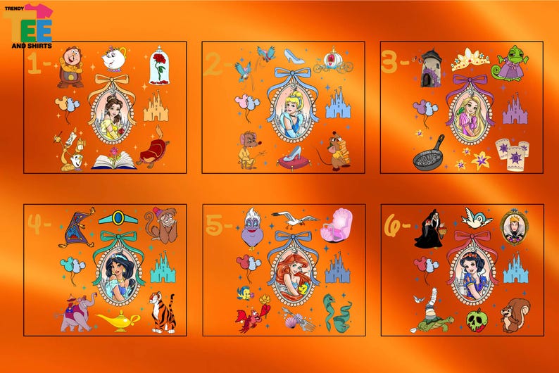 a series of pictures of disney princesses on an orange background
