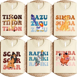 Retro Lion King Shirt, Simba Nala Timon Pumbaa Tee, Bold 70s Style Character Name T-Shirt, Vibrant Disney Jungle Friends Shirt