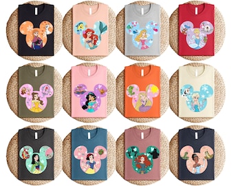Disney Princess Mickey Head T-Shirt, Ariel Aurora Belle Cinderella Elsa Anna Jasmine Merida Mulan Rapunzel Tiana Snow White Sweatshirt Gift