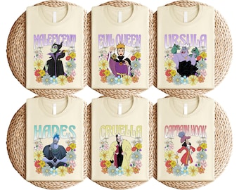 Floral Villains Disney T-Shirt, Maleficent Evil Queen Ursula Hades Cruella Captain Hook Tee, Retro Bad Character Shirt