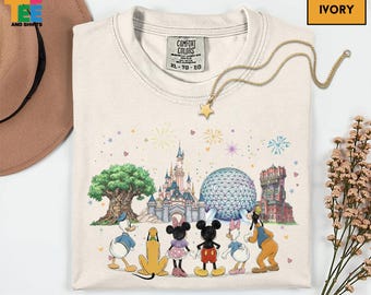 Disney Friends Looking At Epcot T-Shirt, Mickey Minnie Donald Daisy Pluto Castle Fireworks Vacation Family Trip Tee Gift