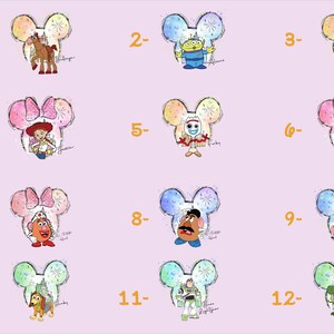 a collection of cartoon character illustrations, each accompanied by a number ranging from 1 to 12. The illustrations depict various characters from popular children's television shows and movies, such as Toy Story, Toy Story 2, Toy Story 3, and Toy Story 4. The numbers indicate the order or position of the character in the collection.