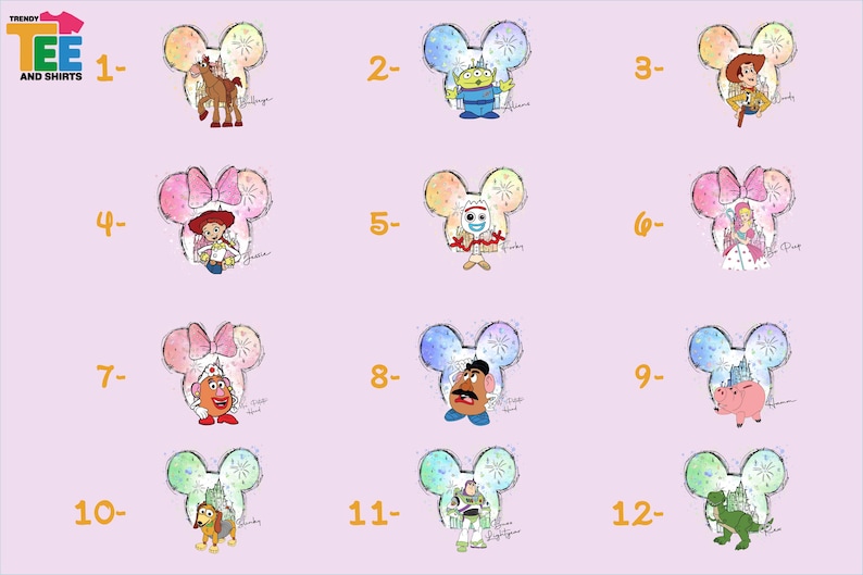a collection of cartoon character illustrations, each accompanied by a number ranging from 1 to 12. The illustrations depict various characters from popular children's television shows and movies, such as Toy Story, Toy Story 2, Toy Story 3, and Toy Story 4. The numbers indicate the order or position of the character in the collection.