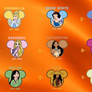 a bunch of disney princesses on an orange background