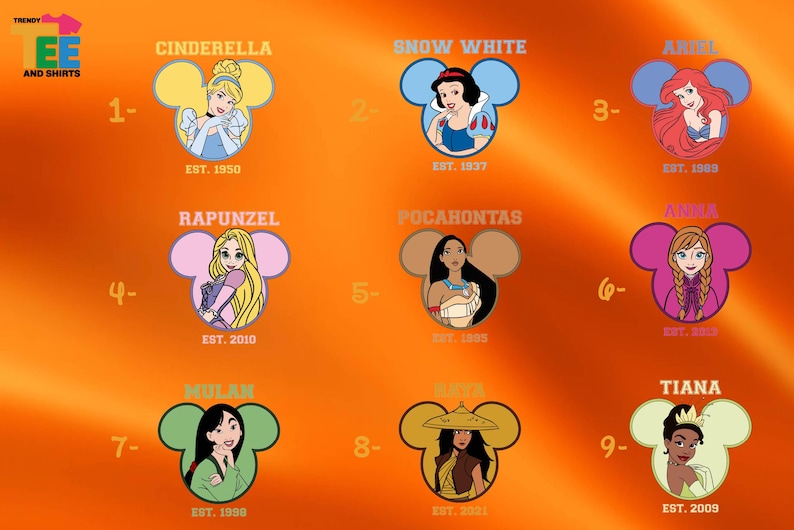 a bunch of disney princesses on an orange background