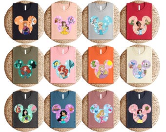 Disney Princess Mickey Tee, Elsa Ariel Belle Rapunzel Jasmine Cinderella T-Shirt, Magical Fairytale Character Shirt