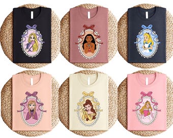 Disney Princess Frame T-Shirt, Cute Oval Princess Portrait Shirt, Rapunzel Ariel Moana Cinderella Belle Jasmine Elsa Girls T-Shirt