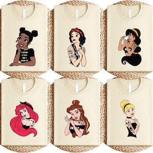 Tattooed Disney Princess T-Shirt, Punk Princess Characters Tee, Tiana Ariel Alternative Trip Sweatshirt, Princess Group Matching Shirt