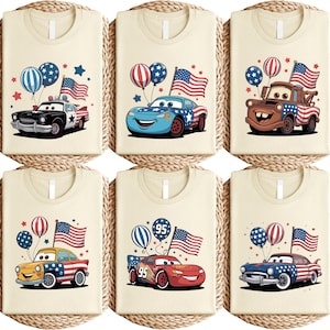 Camiseta de Rayo McQueen con la bandera de EE. UU., camiseta de coches americanos del 4 de julio, camiseta de Cars de Disney Pixar, camiseta de carreras patrióticas para vacaciones familiares imagen 1