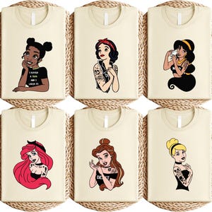 Tattooed Disney Princess Shirt, Punk Princess Characters Tee, Alternative Disney Trip Shirt, Princess Group Matching Tee, Tiana Ariel Tee