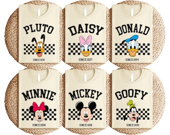 Retro Checkered Mickey & Friends T-Shirt, Vintage Disney Character Tee, Mickey Minnie Donald Daisy Goofy Pluto Disneyworld Family Trip Shirt