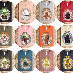 May include: A set of 10 t-shirts featuring different Star Wars characters in a vintage-inspired design. Each shirt has a different character, including Yoda, Chewbacca, Darth Vader, R2-D2, and C-3PO. The shirts are all white with a black outline and are printed with a vintage-inspired design.