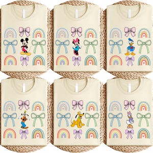 Rainbow Bow Mickey Minnie Donald Daisy Goofy Pluto T-Shirt, Pastel Disney Character Tee, Cute Cartoon Group Shirt